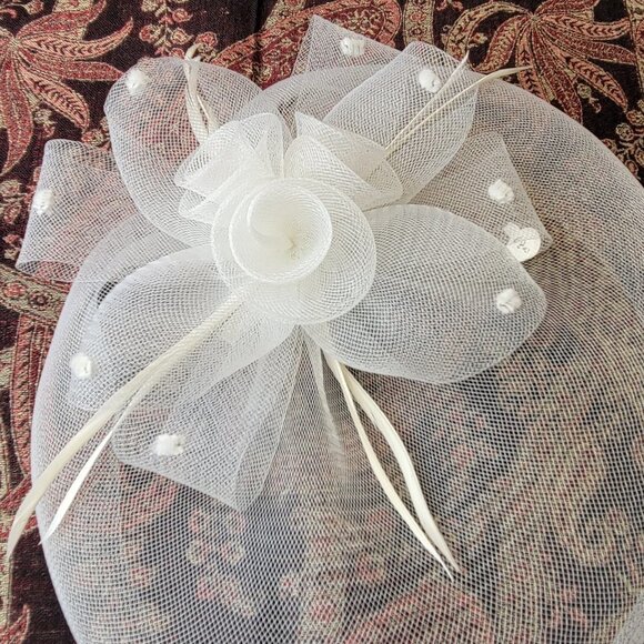 White Saucer Fascinator Mesh with White Rosette Saucer Hair Accessory - Picture 14 of 14